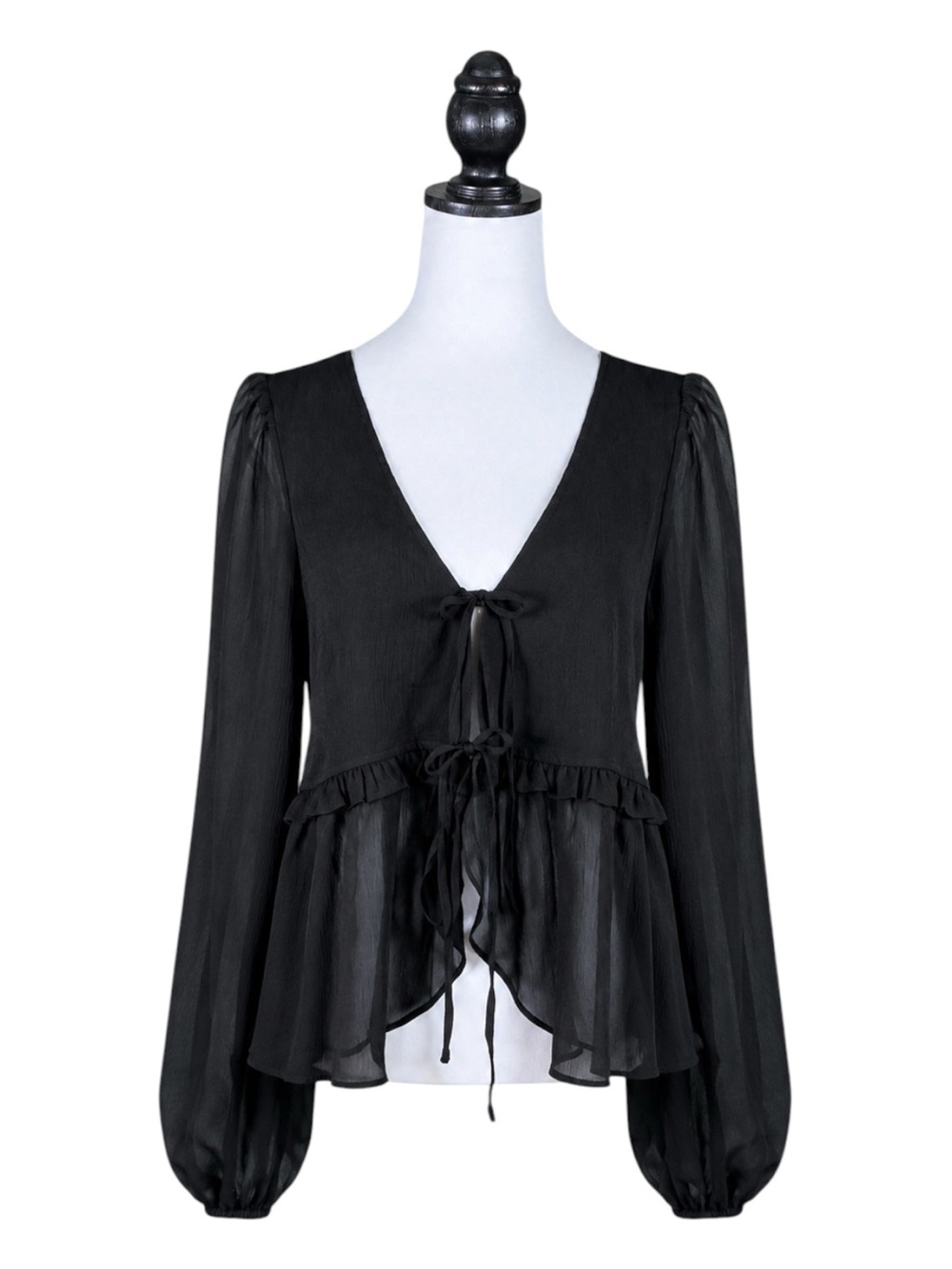 Dolls Kill Current Mood Peasant Top Black Sheer Double Tie Front Peplum Goth L - Picture 2 of 8